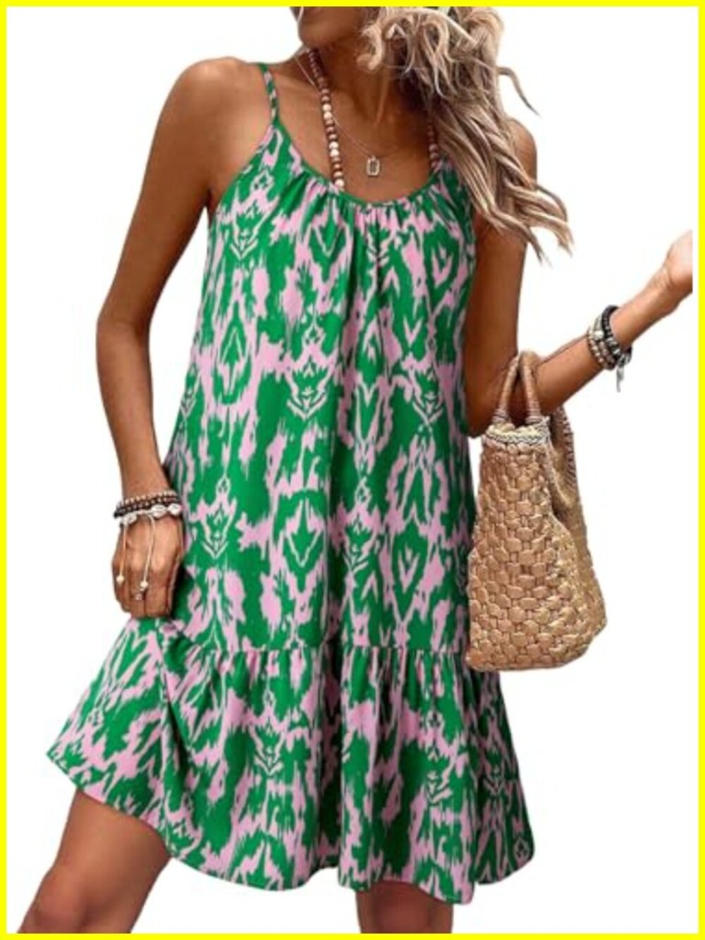 Floral Spaghetti Strap Boho Mini Dress Empire Waist Ruffle Hem Sleeveless